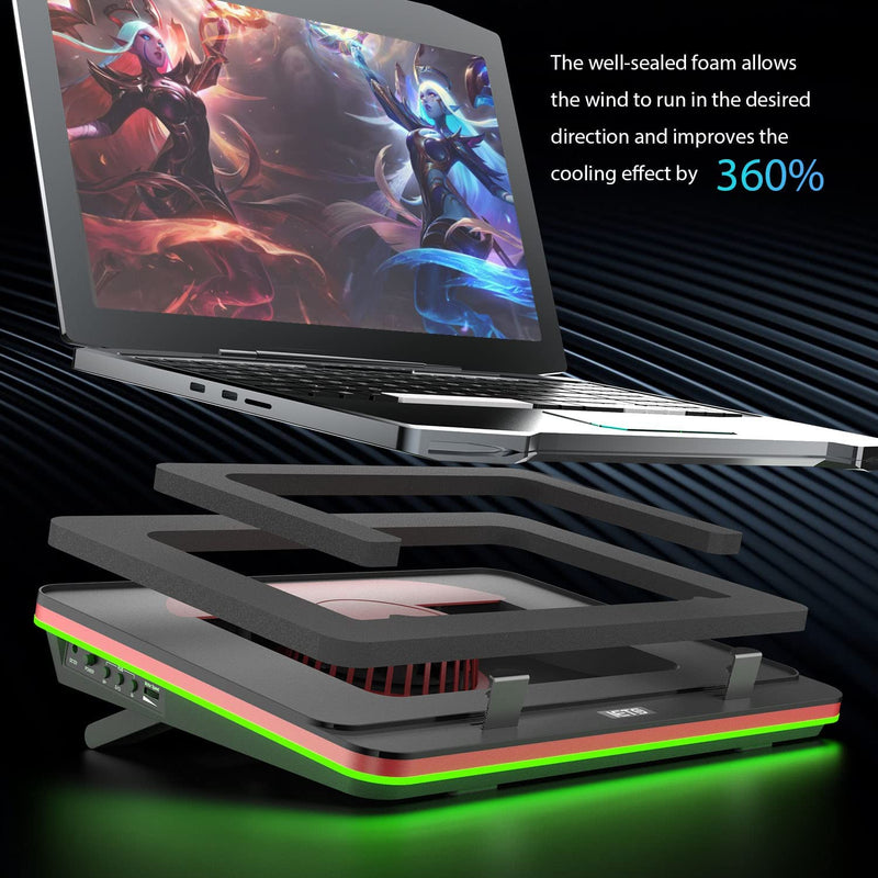 GT500 High-Performance Turbo Fan RGB Laptop Cooling Pad with Adjustable Speed, Seal Foam for Enhanced Cooling, Dust Filter Protection, Compatible with 13-17.3 Inch Gaming Laptops